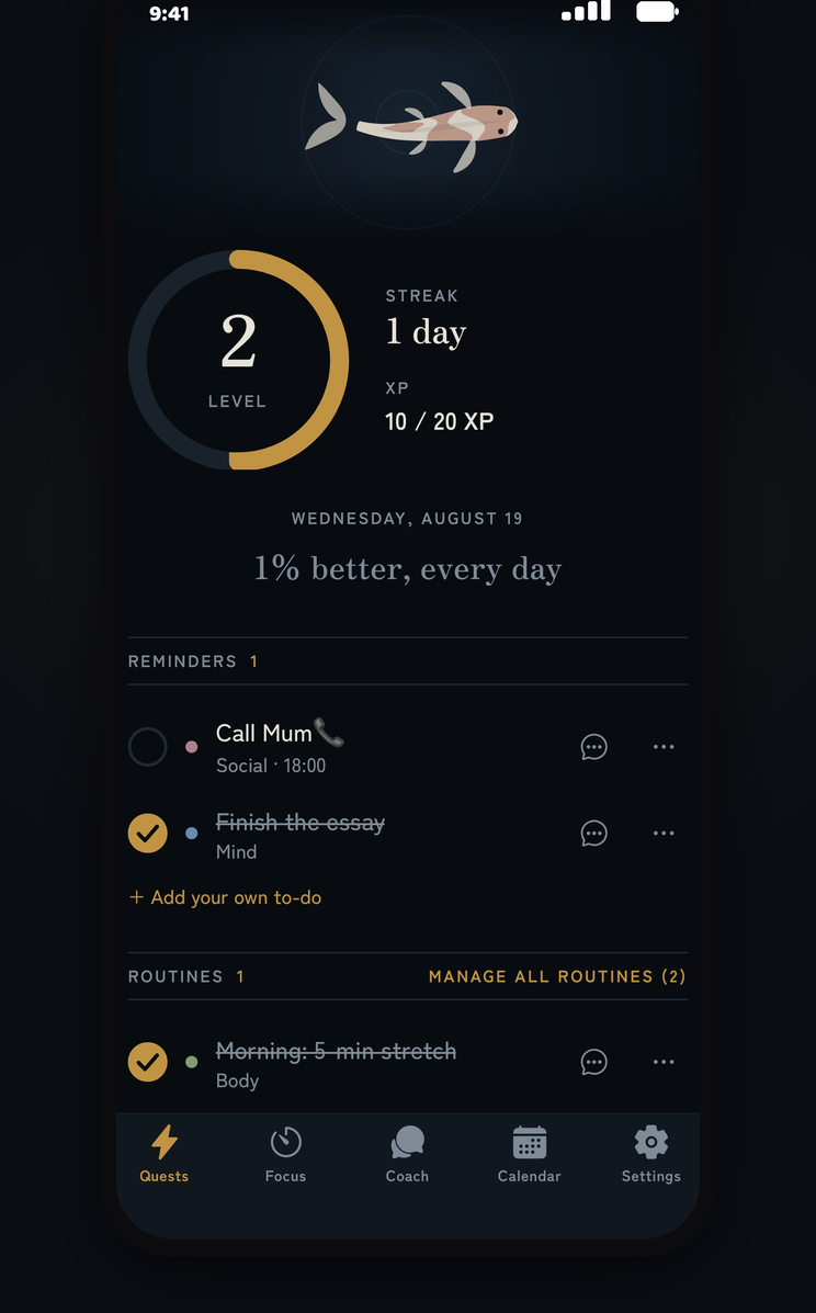 The Kaizumo home screen — your koi, your level and streak, and today's reminders